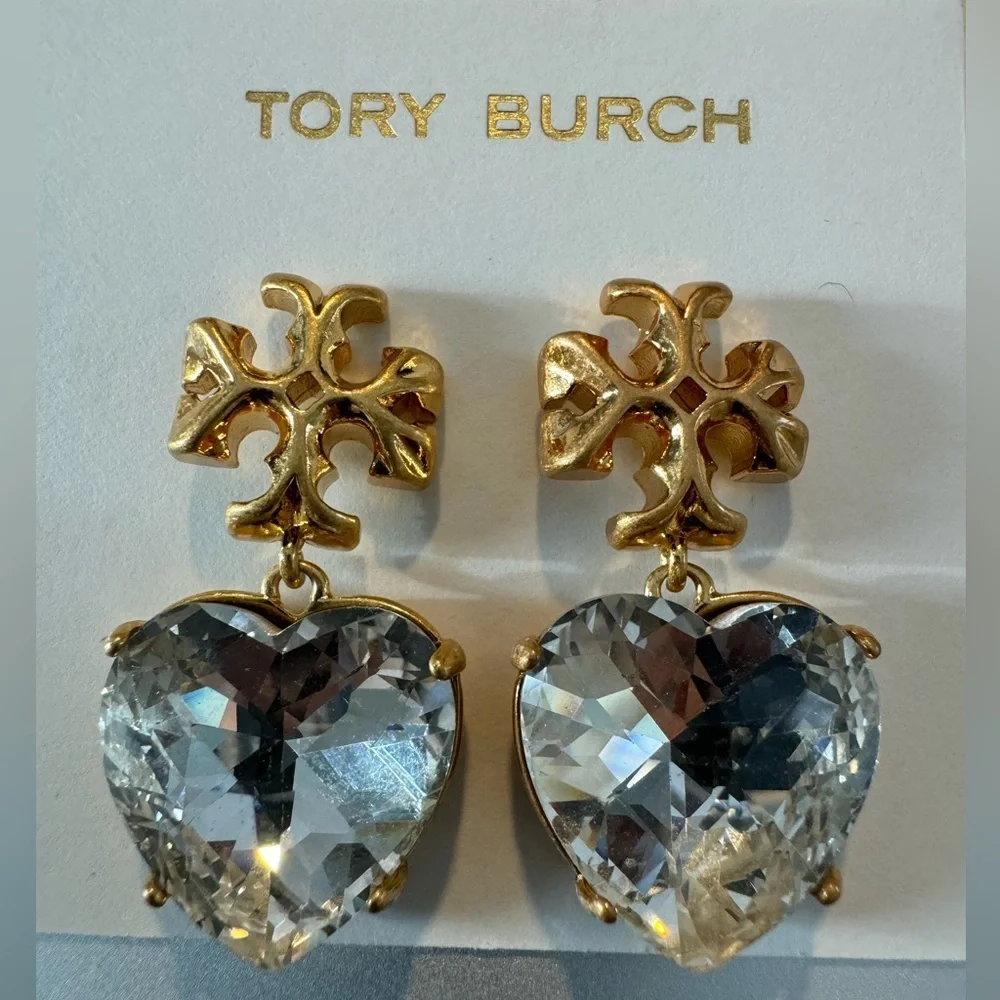 Tory Burch New Roxanne Crystal Brass Heart Drop Earrings